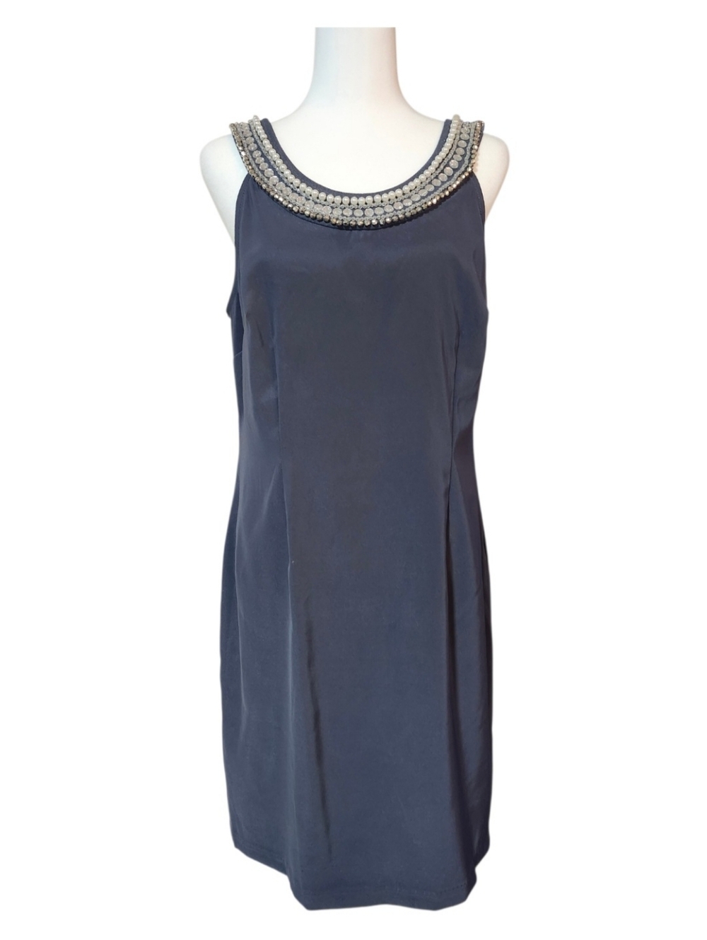Connected Apparel Stretchy Sleeveless Grey Beaded Neckline Dress